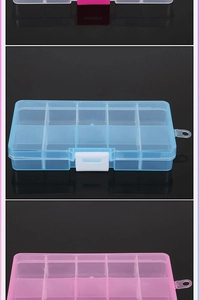 Detail of 10-grid clear plastic jewelry box in pink and blue with hanging holes