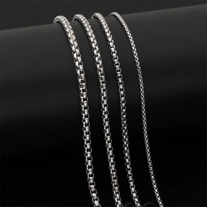 Polished silver stainless steel box chains in four different widths for DIY jewelry