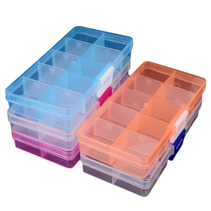 Transparent 10-compartment plastic jewelry organizer box with adjustable dividers in multi-colors