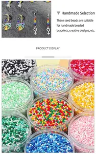 Macro view of 2mm colorful glass seed beads in jars with DIY handmade earring examples