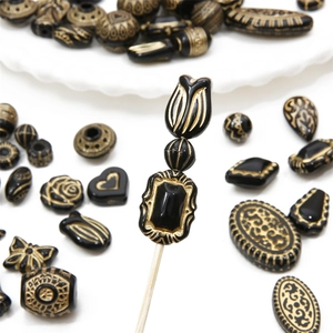 French vintage black and gold acrylic beads set for DIY jewelry making and crafts