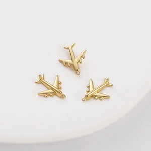 Three 14K gold-plated airplane pendants with loops for DIY jewelry necklace making