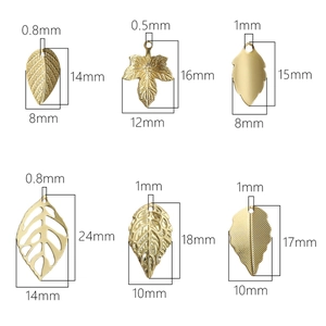 Assorted 14K gold plated leaf charms in various shapes with detailed size measurements
