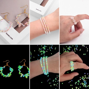 Luminous beads jewelry set showing fluorescent glow effect on earrings, bracelet and ring