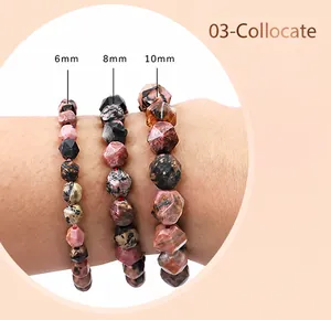 Macro detail of faceted rhodonite beads in 6mm, 8mm, and 10mm sizes for DIY jewelry