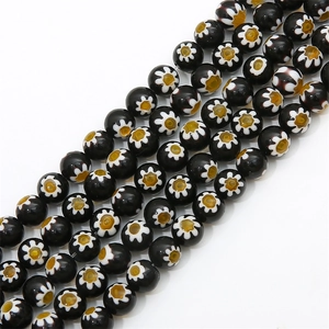 Handmade Millefiori glass round beads in black with white floral pattern for DIY jewelry