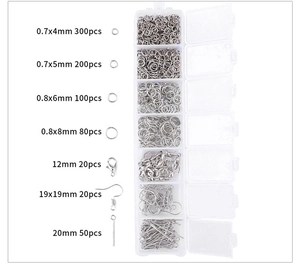 Detailed chart showing 7-grid jewelry DIY kit with jump rings, lobster clasps, and ear hooks