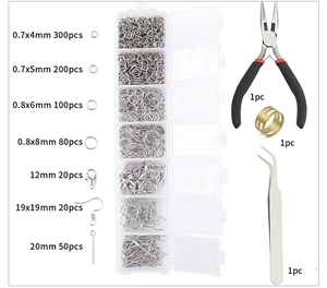 Detailed DIY jewelry making kit featuring lobster clasps and rings in a plastic storage box