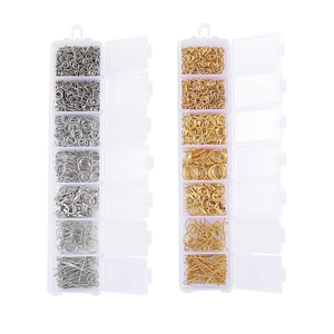 DIY jewelry making kit with lobster clasps and open rings in gold and silver boxes