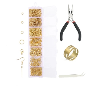 7-grid golden jewelry making kit with lobster clasps, jump rings and pliers