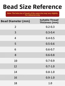 Size chart showing glass bead diameters and matching thread thickness for DIY jewelry