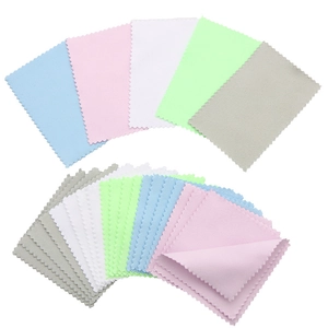 Close-up of colorful microfiber polishing cloths with serrated edges for jewelry cleaning