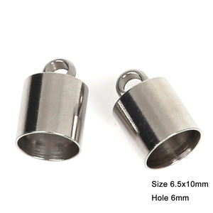 Detail showing 6.5x10mm stainless steel cord end caps with 6mm hole for DIY jewelry making