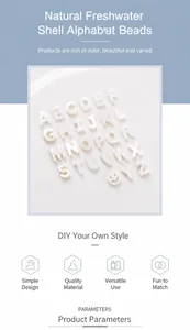 Macro detail of 26 natural freshwater shell letter beads and smiley face for DIY jewelry