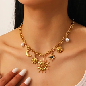 Vintage gold plated stainless steel sun flower and moon pendant necklace with pearls