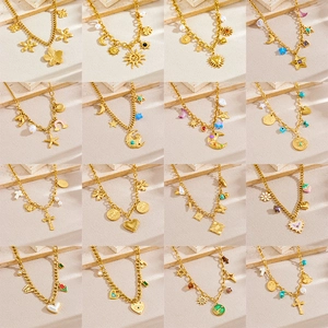 Vintage Stainless Steel Gold Plated Multi Pendant Necklace For Women Bohemian Flower Sun Heart Evil Eye Artificial Pearl Jewelry