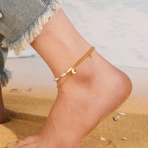 Bohemian double-layer anklet with gold stars, moon charms and white shell-like beads