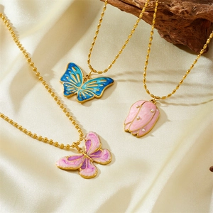 Roestvrijstalen Vlinder Tulp Bloem Hanger Ketting Verguld Emaille Gradiënt Sieraden Voor Vrouwen Zoet Cadeau