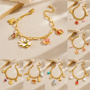 Stainless Steel Gold Plated Butterfly Bee Ladybug Charm Bracelet For Women Enamel Animal Shell Adjustable Chain Jewelry