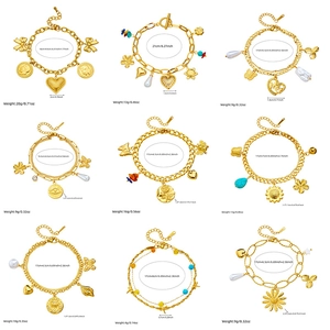 Gold-plated stainless steel charm bracelets with coin, heart, and pearl pendants