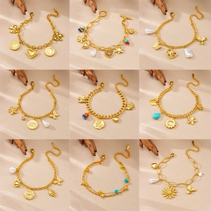 Gold Plated Stainless Steel Charm Bracelet For Women Vintage Heart Flower Butterfly Faux Artificial Pearl Coin Layered Jewelry Gift