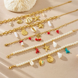 Bracelet Charme de Künstliche Perles en Acier Inoxydable Plage Été Coquillage Étoile de Mer Cerise Champignon Pendentif Bijoux Pour Femmes