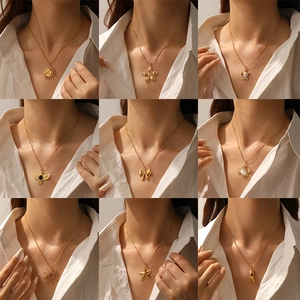 Collar de Pendiente de Acero Inoxidable Chapado en Oro Vida Marina Pájaro Flor Lazo Pentagrama Diamantes de Imitación Collar para Mujer Joyería