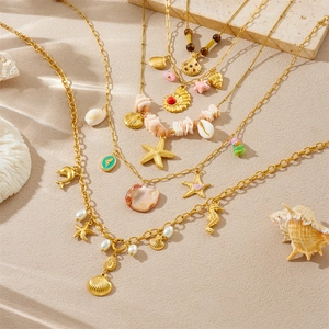 Gold Plated Stainless Steel Ocean Theme Necklace For Women Starfish Shell Conch Pendant Artificial Pearl Rhinestone Vacation Jewelry