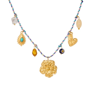 Collier bohème en corde tissée avec fleur dorée, cœur et pendentif turquoise