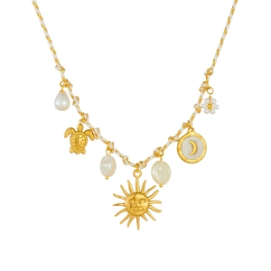Bohemian braided cord necklace with gold pendants of turtle, moon, sun and pearls
