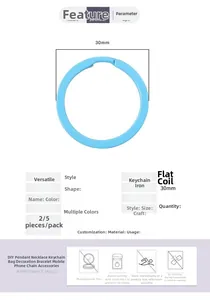 Detailansicht des 30mm hellblauen Schlüsselrings aus Eisen mit Maßen und Pflegehinweisen