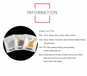 Detailed size and color chart for assorted DIY T-pins jewelry making accessories