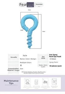 Macro detail of sky blue iron eye pins with size specs and maintenance tips for DIY
