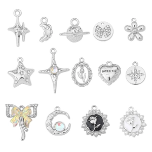 Silver DIY charm set with stars, moon, and heart pendants for jewelry making