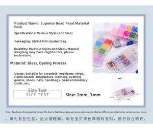 Size chart showing 2-3mm glass seed beads set in 10-compartment storage box for DIY jewelry
