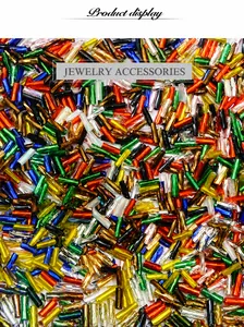 Macro detail of mixed color 2x6mm spiral glass bugle beads for DIY jewelry making crafts