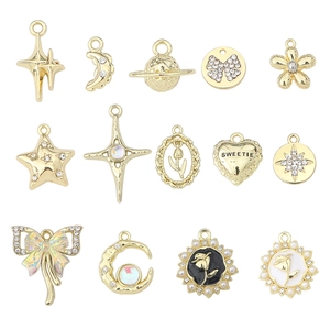 14PCS gold jewelry charms with stars, pearls and heart for DIY necklace making