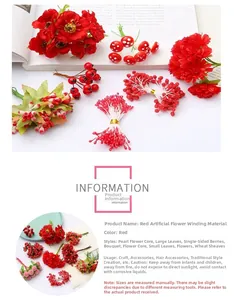Detailed close-up of red artificial flower components for DIY hair ornaments and crafts
