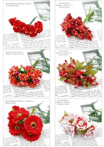 Red artificial berry bouquets and mini foam roses for DIY hair accessories, 65-100mm long