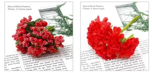 Detailed comparison of red artificial berry clusters and fabric flower DIY accessories