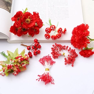 DIY red artificial flower set with foam berries and silk blossoms for hair accessories