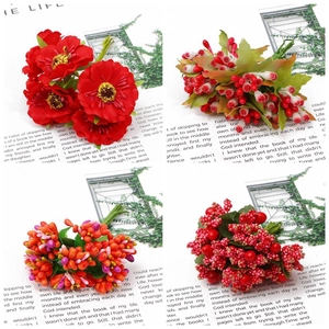 Red artificial foam flowers and berries for DIY handmade hair accessories and crafts