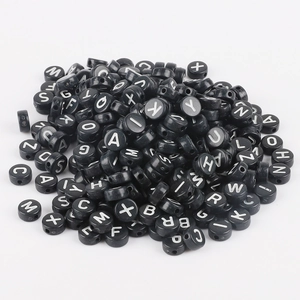 Flat round black acrylic letter beads with white alphabet print for DIY jewelry making