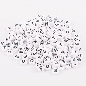 Flat round white acrylic alphabet beads with black letters for DIY jewelry making