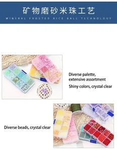 Macro detail of DIY jewelry making kit with colorful frosted beads in 10-grid plastic box