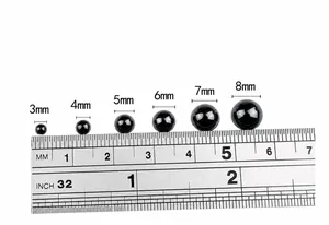 Size chart for acrylic half-round toy eyes ranging from 3mm to 8mm with ruler guide