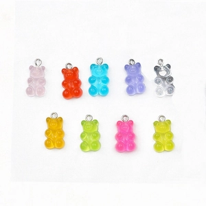 Set of 9 colorful transparent resin gummy bear charms with silver metal rings for DIY jewelry