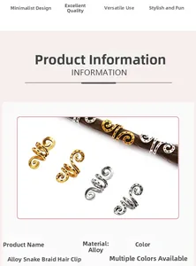 Detailansicht der schlangenförmigen Dreadlock-Clips aus Legierung in Gold und Silber
