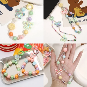 Colorful macaron acrylic butterfly beaded phone charms with flower pendants and crystals