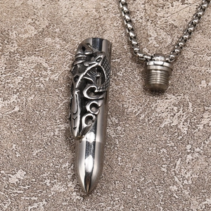 Dragon engraved bullet pendant necklace in polished titanium steel with openable secret chamber